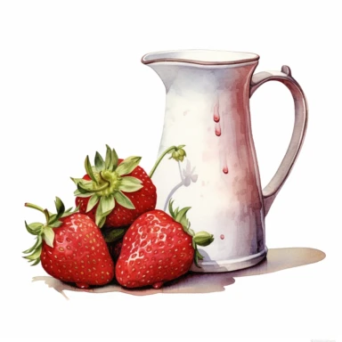 realistic high detailed watercolor strawberries and a jug of milk clipart, white background,