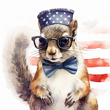 an Eastern gray squirrel, American flag scarf and sunglasses, a tree branch, acorns, colorful ink wash paintings, realistic animal illustrations, 2d game art, quadratura, clipart, on white background,