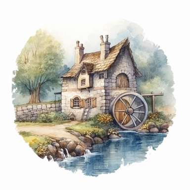An enchanting watercolor clipart illustration of a picturesque medieval cottage perched near a meandering river, embraced by a tranquil countryside. The cottage boasts weathered stone walls, a thatched roof adorned with climbing vines, and a meticulously crafted waterwheel gracefully spinning by the riverside. The calming river reflects the surrounding nature, with delicate ripples and vibrant aquatic life. Against a clean white background, the watercolor medium enhances the cottage's rustic cha
