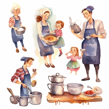 multiple poses characters of a family including dad, mom and kid. thay are enjoy cooking inthe kitchen , watercolor in medieval cartoon grunge style clipart on white background