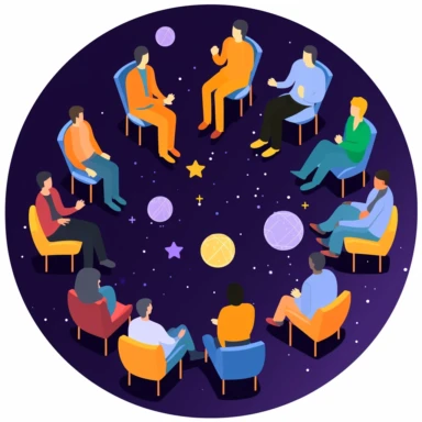 a clipart style image showing an aerial view of human figures sitting in a circle having a conversation, represented by shared speech bubbles. The background is a galaxy starscape