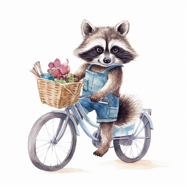 A Cute Racoon riding a bike, disney style, clip art, watercolor art style, white background
