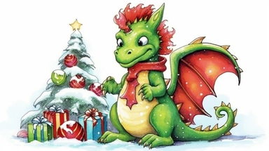 Cute funny avocado green dragon, christmas tree with toys, red cardigan, snow, winter, style by Lusy Fleming, folk art, watercolor, clipart elements, smooth gradients, black contour outline, ultra detailed, white background, super clear :