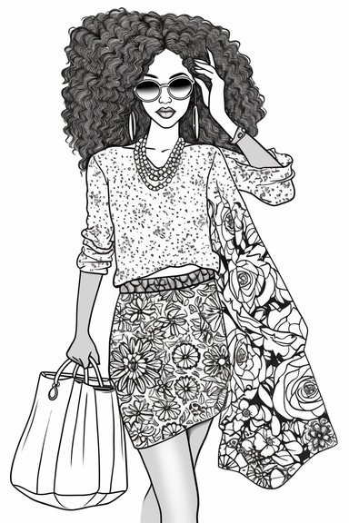 coloring pages for adults, beautiful african american women, afro, one flower in hair, clipart, fashion, full body, purse, heels, pantss, skirts,, necklace, shirt, handbag, boss