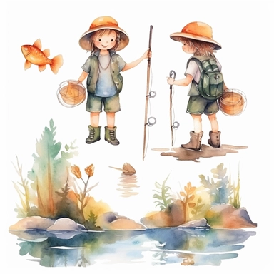 Watercolor boho fishing near a beautiful stream, illustrations clipart set, simple, soft colors, cartoon elements, different variants, cute little boy and girl fishing, separate elements with a margin