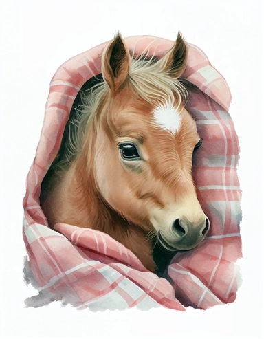 baby horse in a blanket, watercolor clipart, transparent background,
