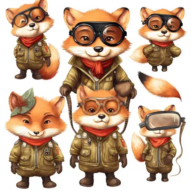 Wood Animals, Pilot Clipart, Aviator Clipart, cute sweet Fox Illustrations