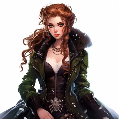 Disney princess Anna long brown rocker hairstyle, leather jacket over a ripped green ballgown, snowflake necklace, skulls, gothic style, rock style, clipart, white background, by Kawacy
