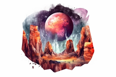 Watercolor, Design a planet with massive canyons and towering cliffs clipart, hd, on a white background, spaced out