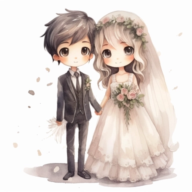 full body Little bride and groom, Watercolor Clipart, strybk, full Illustration, 4k, sharp focus, watercolor, smooth soft skin, symmetrical, soft lighting, detailed face, concept art, muted colors, watercolor style, strybk, children's style fairy tales, chibi kawaii, . Octane rendering, 3d. Perfect face, detailed face, delicate face, perfect sharp lips, detailed eyes. Craig Davison, Aubrey Beardsley, Conrad Roset, Aikut Aidogdu, Agnes Cecil, watercolor style