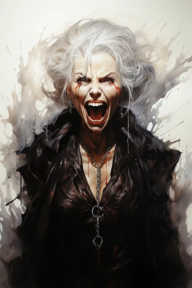 watercolour full body Clipart of goth style older female vampire smiling mysteriously and dangerously, showing fangs, clip art on white background