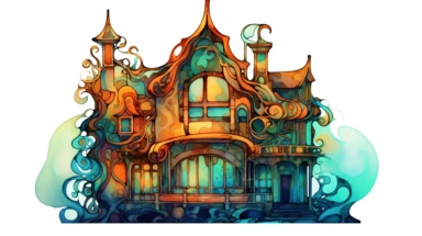 Alcohol ink cliparts, line art, teal and amber, muliple Art nouveau enchanted house simple logo, flowing lines, strong contours, clear, no background