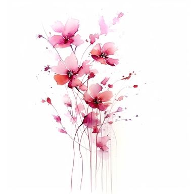 Whimsical watercolor illustration of pink flowers dancing in the wind, cascading from a vertical frame, conveying a sense of movement, freedom, and natural grace clipart on a clean white backdrop.