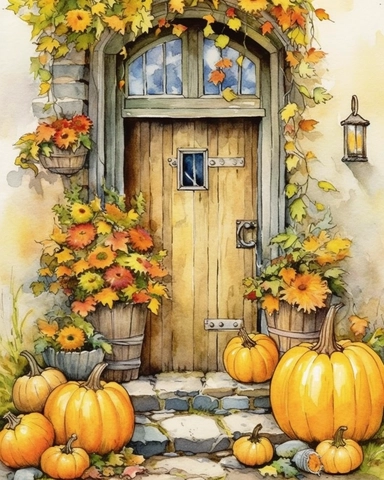 Whimsical watercolour clip art English cottage door, pumpkins, Yellow rose