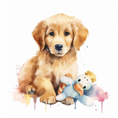 Watercolor golden retriever with toy Dog Clipart, white background