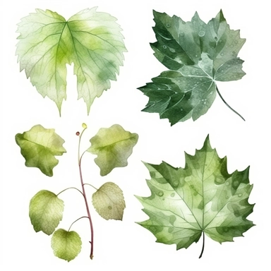 A set of 4 green grape leaf sublimation cliparts, white background, watercolor style, 8k, ultrarealistic, high quality