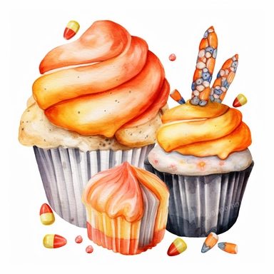 Halloween treats, such as candy corn, lollipops, and cupcakes, watercolor png clipart on a white background