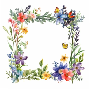 Create a cottagecore and charming square frame. The frame will serve as clipart and celebrate the beauty of nature.A square frame decorated with a mix of watercolor leaves, daisies, and forget-me-nots. The leaves are intricately painted with vibrant hues, while the flowers add bursts of color and a sense of whimsy to the frame. Leaves should be carefully tinted with vibrant hues that capture the essence of nature's lush foliage. The watercolor technique gives the work of art softness and dreamin