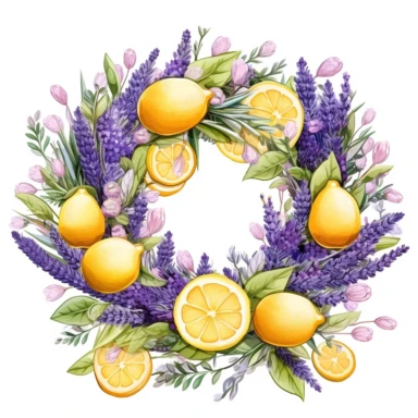 lemon and lavender square wreath clipart, white background, very detailed , Cartoon,hyper realistic, intricate detail, illustration style,high solution,on the white background