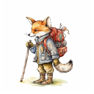 one fox holding a cane and carrying a backpack Watercolor clip art on a white background, in the style of charming character illustrations, realistic brushwork, detailed costumes, adventurecore, cottagepunk, handheld, wallpaper , no watermark, text, 300 DPI , typography, shapes do not stick together, no text in the picture, on a white background