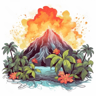 A watercolor illustration of a tropical volcano with colorful lava flowing down its sides, surrounded by lush vegetation clipart style