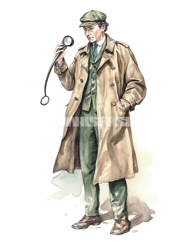 british detective full body looking for evidence, holding a magnifying glass, no watermark, watercolor clipart on white background