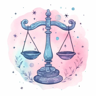 Illustration on solid white background of the Libra zodiac sign as a balanced scale, symbolizing harmony, justice, and equilibrium. A cosmic scenery where pastel pink and blue colors dominate, adorned with white stars forming the Libra constellation. In the central part of the background, there is the planet Venus. The composition of the clipart is harmonious, with Libra as the main element in the foreground, and Venus and the Libra constellation in the background. Eye-catching colors award winn