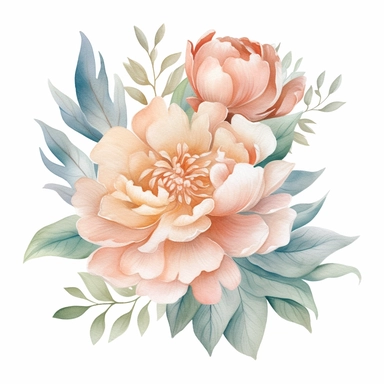 Dreamy pastel peony clipart against a pristine white background. The illustration features a whimsical pastel peony with layers of delicate petals and rich green foliage. The color palette includes soft shades of pink, peach, and mint green. The white background creates a fresh and contemporary setting, accentuating the peony's ethereal beauty. The lighting is soft and diffused, enhancing the flower's dreamlike qualities. The atmosphere exudes a sense of enchantment and elegance.