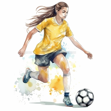 Watercolour of a teenage girl playing football , Clipart,Cartoon,hyper realistic, intricate detail isolated on a white background, high quality, sublimation, detailed, cartoon style
