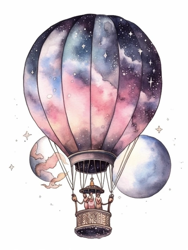 fantasy watercolor clipart with white background, hotair balloon with a galaxy and moon and stars on the hotair balloon wrapping around it and flowing out into the space around the balloon, incorporate a vintage artistic theme and meticulous attention to stitching and gradients, flat design, clearly defined separated image, high quality