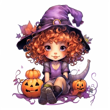 a happy little cute curly girl in a five-year-old witch's hat, pumpkin, web, spider, violet, brown, style by Lusy Fleming, folk art, watercolor, clipart elements, smooth gradients, black contour outline, ultra detailed, white background, super clear, high quality