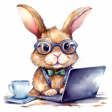 watercolor clipart, very cute single funny bunny, in style A focused programmer working, writing source code on a computer, with glasses, big and adorable eyes, funny and floppy ears, white background