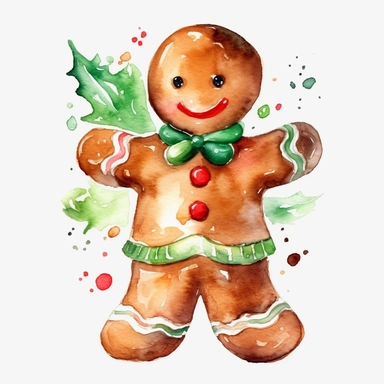 watercolor, Cute christmas gingerbread man watercolor clipart, red and green color scheme, christmas style, isolated white background, single design, single object, print on demand image, PNG transparent background, white background for removing background - - no text shadow font watermark