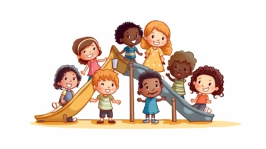 a cartoon, clipart style illustration of A group of multicultural children playing together. Include play equipment but no background. The children are ona solid whitebackground.