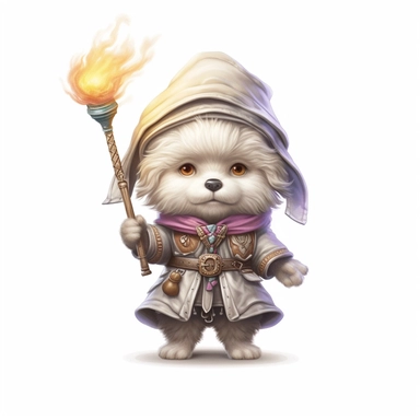 Adorable cute fantasy baby dog dressed like mage standing in dynamic pose,front view,fullbody,sharp through out,happy expression, nursery art, clipart image, lineart image, white background, very detailed, 8k, composition wide shot