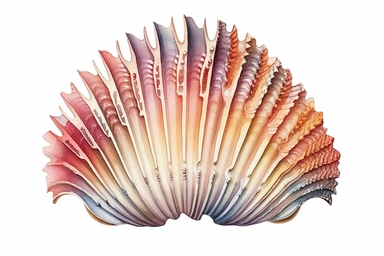 Watercolor, Create an artistic interpretation of a Venus comb murex shell, showcasing its long and slender spines, arranged like a comb, clipart, hd, on a white background, spaced out