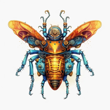 a steampunk style mechanic bug with watercolor effect,steampunk style gear wheels,steampunk style,unrealistic,suitable for digital cliparts , fantastic scene , high quality,fantastic scene