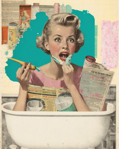 woman from the 1950s, tired woman, brushing teeth, mixed media, sitting on bathtub, bathroom, toothpaste, bathtub, brushing teeth, collage, arts and crafts, mixed media, magaine style, retro, vintage, surreal, newspaper clippings, layered collage, scrapbooking, 8k, collage, scrapbook, photography