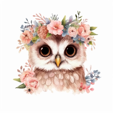 watercolor style, cute baby owl, smile, wear flower crown, white background, pixar style details Sublimation Clipart,hyper realistic, intricate detail, illustration style, isolated on white background for removing background