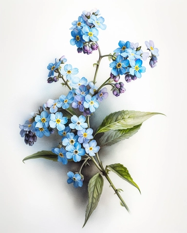 Watercolor Painting of Forget-Me-Not FLOWERS on white background beautiful multi - headed pale, Flora Design Patterns, Flemish Baroque by Rachel Ruysch, Behance, Rococo, Intricate Detailed, Soft Light Effect, Oil Paint Strokes, Light Academia Aesthetic Flowers, Lighting cinematic, all shown shimmering stamens, tyndall light, light effect, texture, colorful, 8k, fantasy, ray tracing, depth of field, vivid, spectacular lighting, octane rendering, highly detailed, ultra - realistic, white backgroun