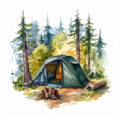camping scene in forest watercolor style clipart on white background with margins