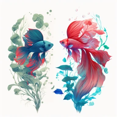 red and blue betta fish swimming in aquatic plants, light watercolor clipart, isolated on white background, James Jean and Peter Mohrbacher, no text, no captions--v5