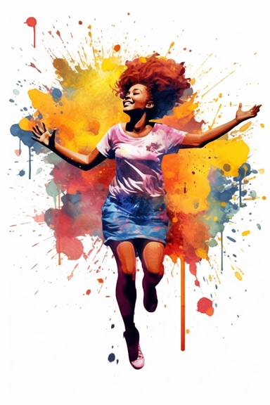 An exuberant clipart featuring an African American girl with a playfully textured hairstyle, sporting fashionable and whimsical clothing, set against a high-resolution and transparent background. The scene is rendered in a vibrant watercolor art style, with fluid brushstrokes and splashes of color that bring a sense of liveliness and energy to the image.