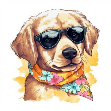 cute puppy female wearing bandana and sunglasses drawn in watercolor, vector design, cutout,Sublimation Clipart ,Cartoon,hyper realistic, intricate detail, illustration style,high solution,on the white background