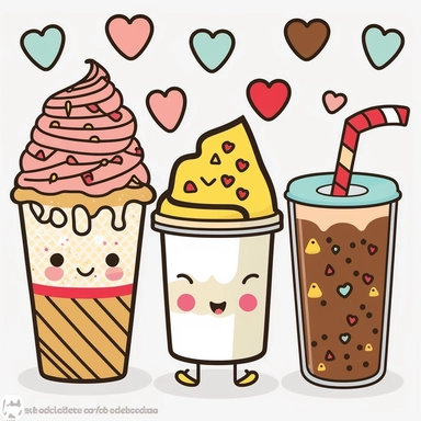 Cute kawaii fast food pairs, valentines food clip art, food couple, drinks clipart, love hearts background. clip art, food PNG, line art, vector black and white