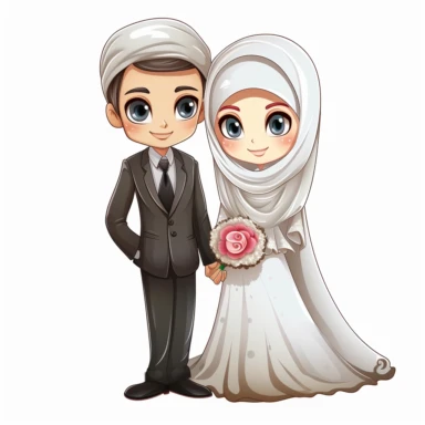 wedding couple clipart wedding ,card, the Muslim bride clipart cliparts, in the style of caffenol developing, cartoonish innocence, caricature-like, perceptive, plush doll art, captivating,--2:3,--8k