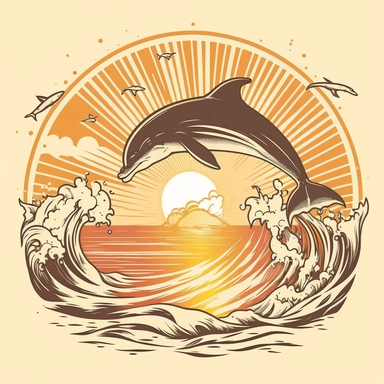 dolphin jumping out of the water, sunset, retro, tshirt design,contour, vector, clipart,white background