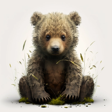 Woodland Animal Clipart Watercolor, Transparent PNGs, cute, lovely, happy friendly full body furry brown grey baby bear, emotive eyes, intense gaze, looking straight, transparent background, no plants, no grass, nursery clipart