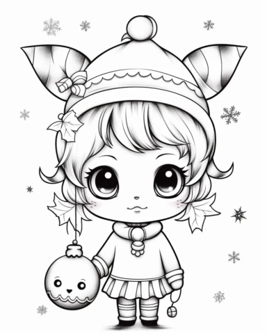 clean line image for coloring, kawaii Christmas clipart, white background, black lines, very cute kawaii image