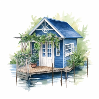 Bluebell Boat House - This watercolor clipart from the Whimsical Botanical Dwellings collection shows a whimsical boat house designed entirely from Sky Azure bluebells and Fern Green leaves. This waterfront dwelling stands out brilliantly against the white background, allowing the soothing blue and vibrant green colors to shine through.